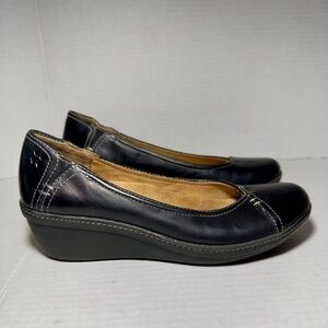 NATURALIZER Black Leather Comfort Wedge Flats W-7 Slip-on Ballet Flats Casual